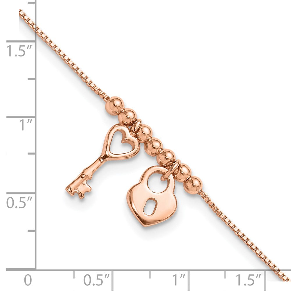 Sterling Silver Rose-tone Heart Lock and Key 9 inch Plus 1 inch Extender - Total 10 inch Anklet