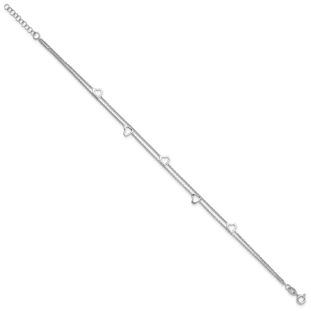 Sterling Silver Rhodium-plated Heart 2-Strand 9 inch Plus 1 inch Extender - Total 10 inch Anklet
