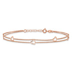 Sterling Silver Rose-tone Heart 2-Strand 9 inch Plus 1 inch Extender - Total 10 inch Anklet