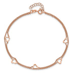 Sterling Silver Rose-tone Heart 2-Strand 9 inch Plus 1 inch Extender - Total 10 inch Anklet