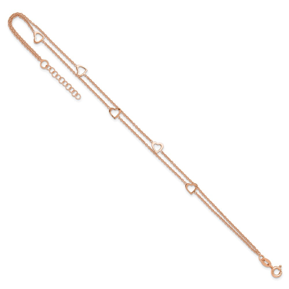 Sterling Silver Rose-tone Heart 2-Strand 9 inch Plus 1 inch Extender - Total 10 inch Anklet