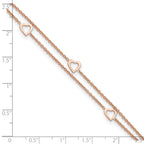Sterling Silver Rose-tone Heart 2-Strand 9 inch Plus 1 inch Extender - Total 10 inch Anklet