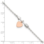 Sterling Silver Arrow with Rose-tone Heart 10 inch Plus 1 inch Extender - Total 11 inch Anklet