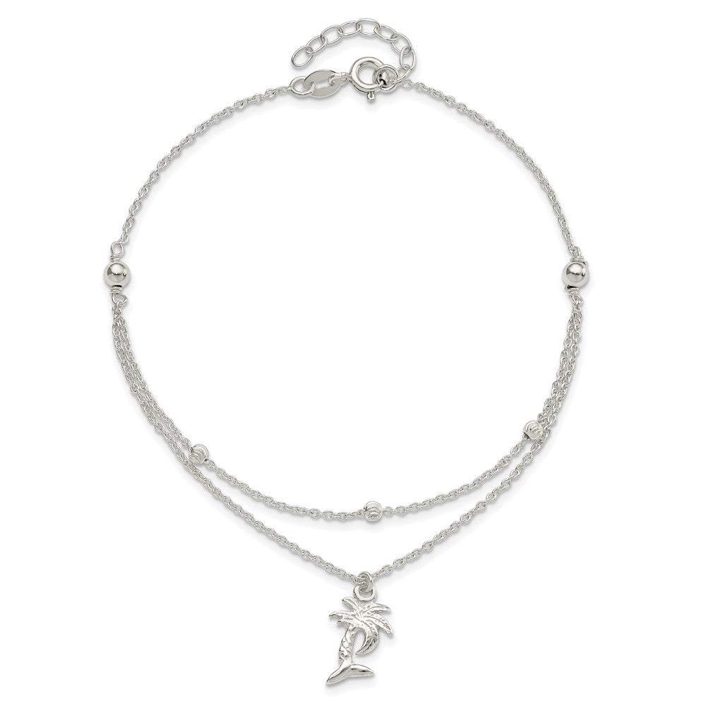 Sterling Silver Palm Tree 2-Strand 9 inch Plus 1 inch Extender - Total 10 inch Anklet