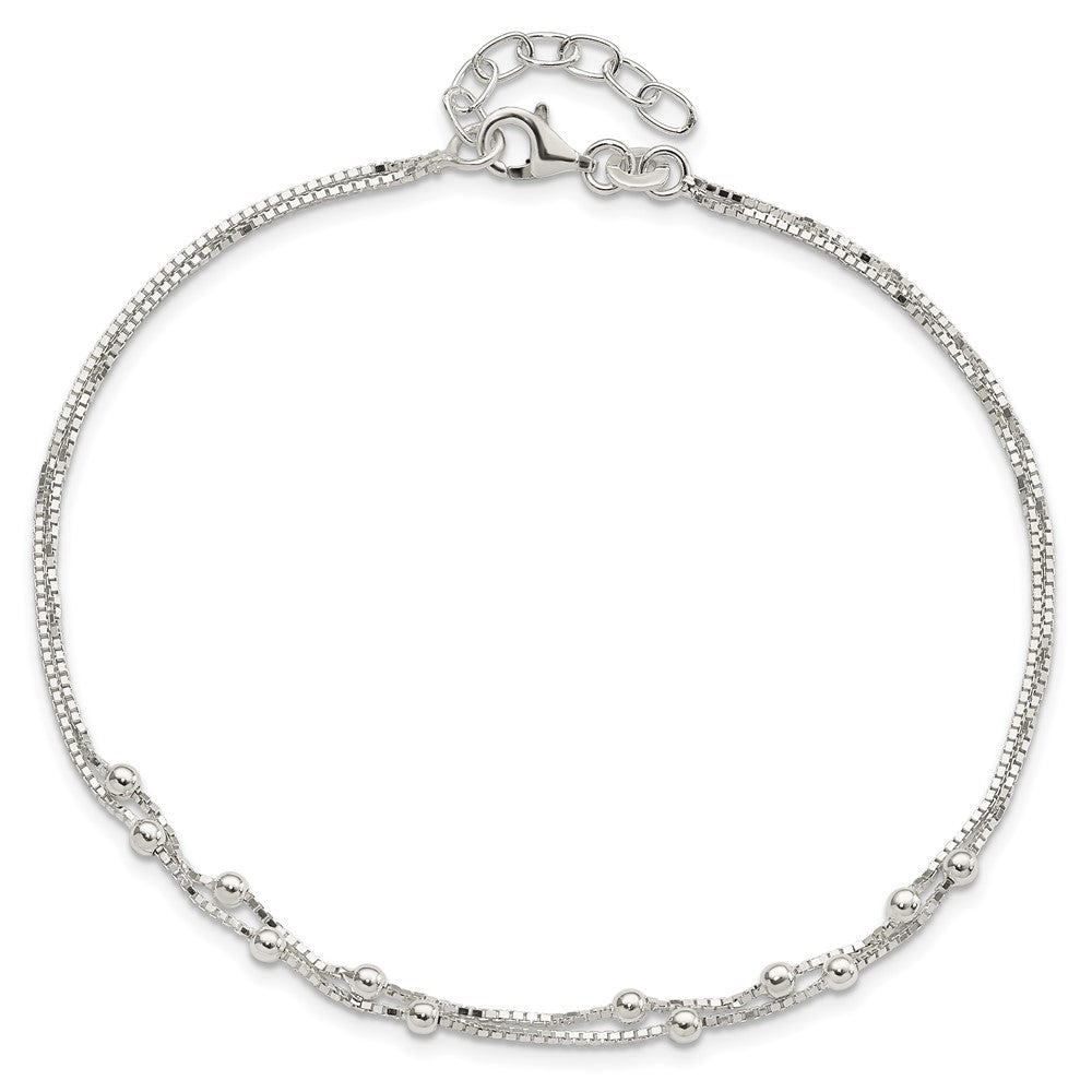 Sterling Silver Beaded 2-strand 9 inch Plus 1 inch Extender - Total 10 inch Anklet