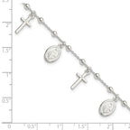 Sterling Silver Polished w/1in ext Cross Miraculous Medal Bracelet