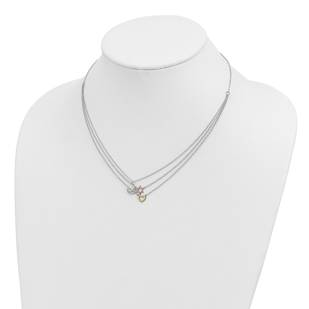 Sterling Silver RH-pltd Gold and Rose-tone Sun Moon Star Necklace