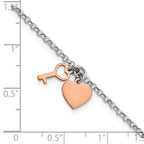 Sterling Silver Rhodium Rose-tone Heart & Key w/1.5in ext. Bracelet