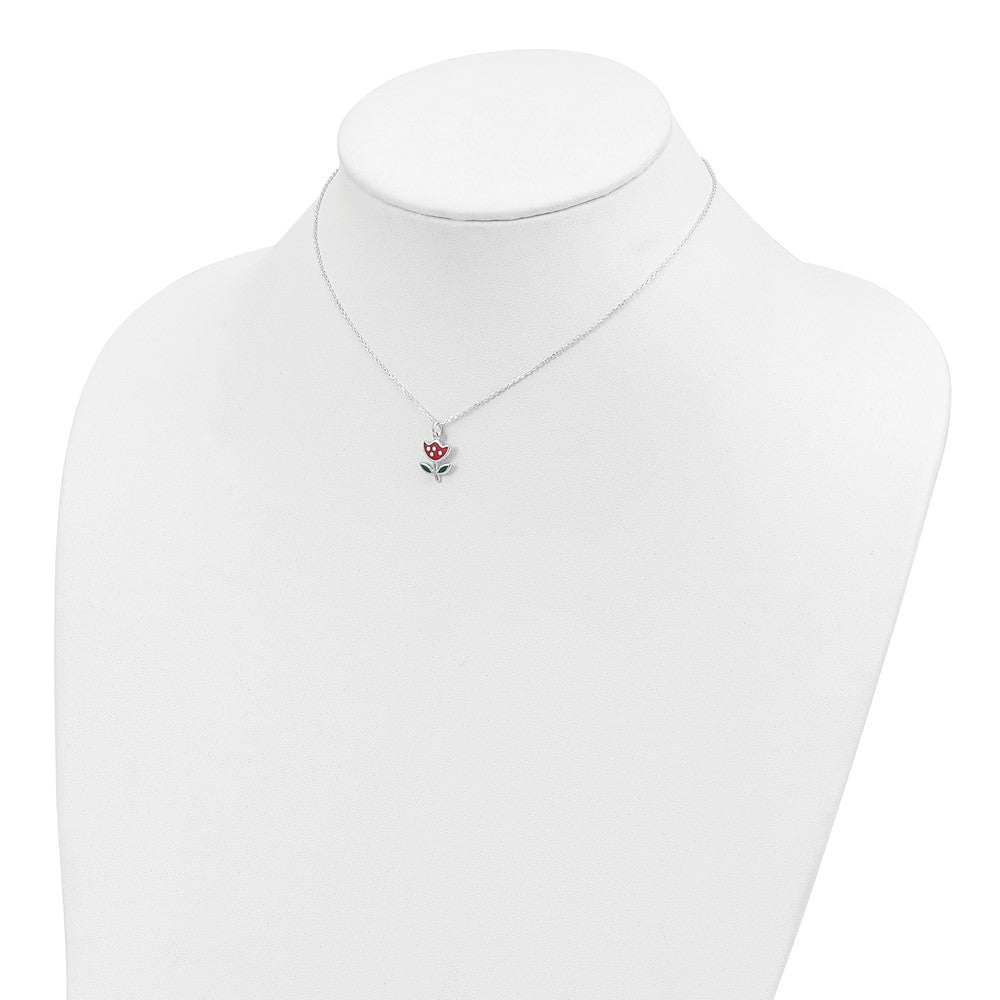 Sterling Silver Polished Red & Green Enameled Flower Children's Necklace