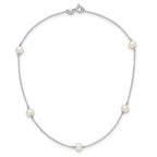 Sterling Silver Rhodium-plated 5-5.5mm White Semi-Round Freshwater Cultured Pearl 5-Station Children's 12 inch Necklace