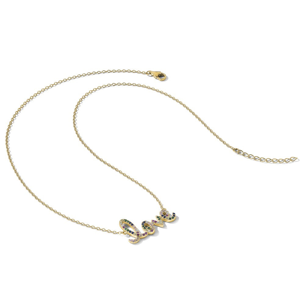 Prizma Sterling Silver Gold-tone 14K Flash Gold-plated 16 inch Colorful CZ LOVE Necklace with 2 inch Extender