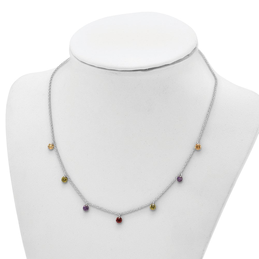 Prizma Sterling Silver Rhodium Plated 16 inch Dangling Colorful CZ Necklace with 2 inch Extender
