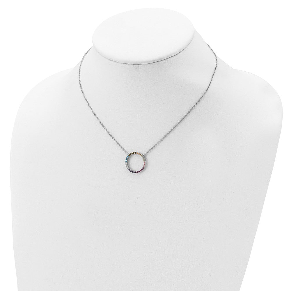 Prizma Sterling Silver Rhodium-plated 16 inch Colorful CZ Open Circle Necklace with 2 inch Extender