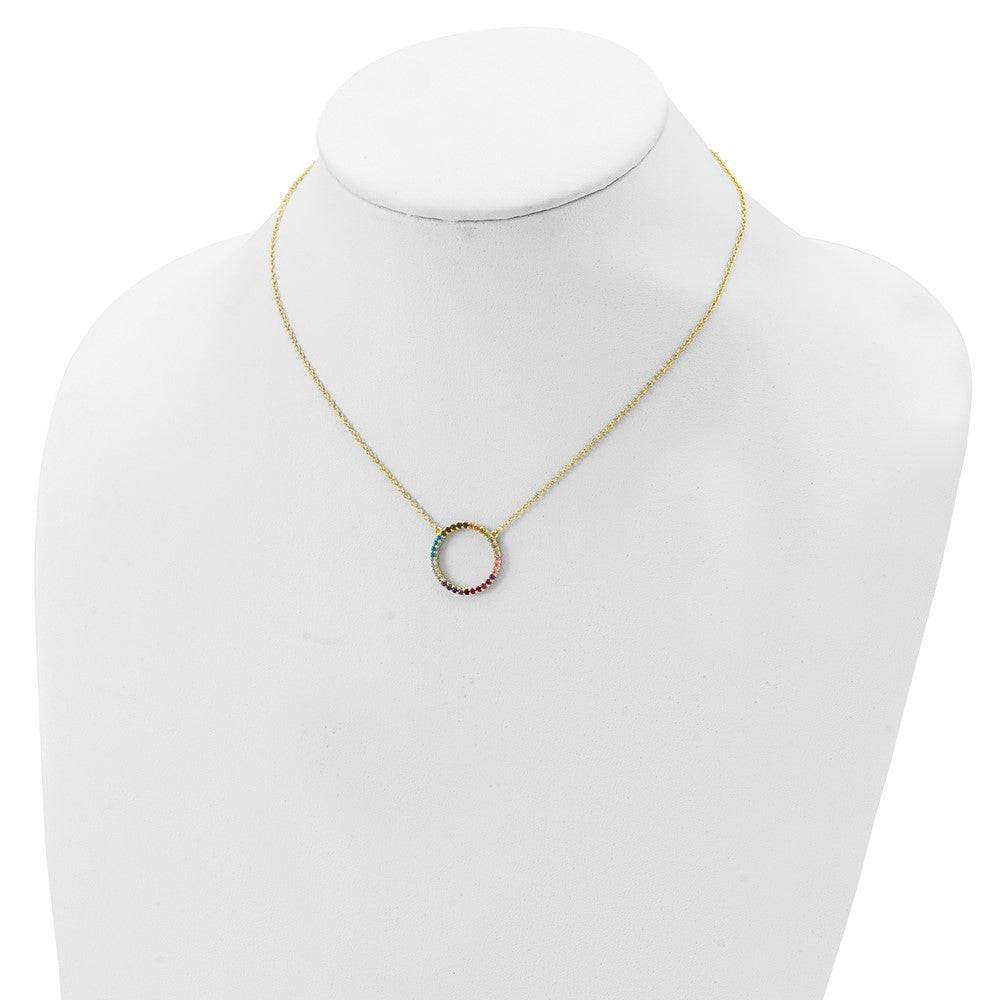 Prizma Sterling Silver Gold-tone 14K Flash Gold-plated 16 inch Colorful CZ Open Circle Necklace with 2 inch Extender