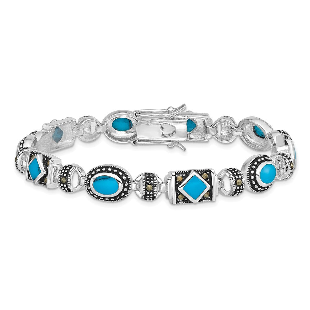 Sterling Silver Rhodium-plated Synth Turquoise and Marcasite Bracelet