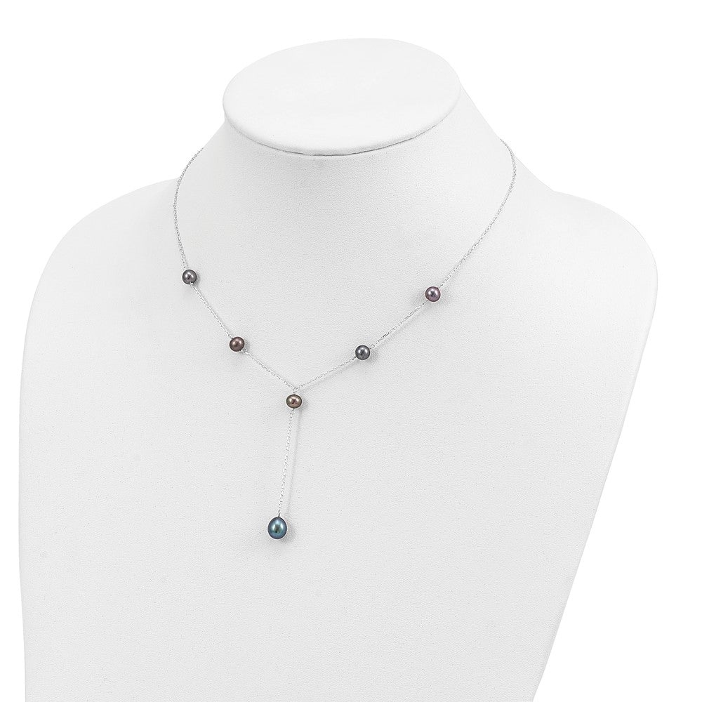 Sterling Silver Rhodium-plated 6-8mm Black Teardrop and Semi-Round Freshwater Cultured Pearl 6-Station Y-Drop 16 inch Necklace