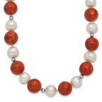 Sterling Silver Rhod-pltd FWC Pearl / Stabilized Red Coral Necklace