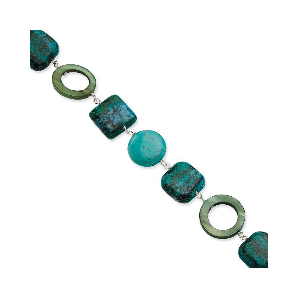 Sterling Silver Chrysocolla, Dyed Howlite & Dyed Mother Of Pearl w/ 1.5in ext Bracelet