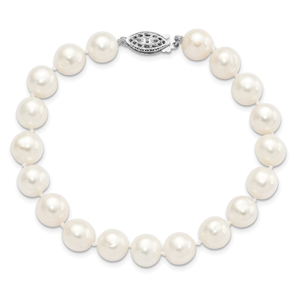 Sterling Silver Rhodium-plated 9-10mm White Near-Round Freshwater Cultured Pearl 7.25 inch Bracelet