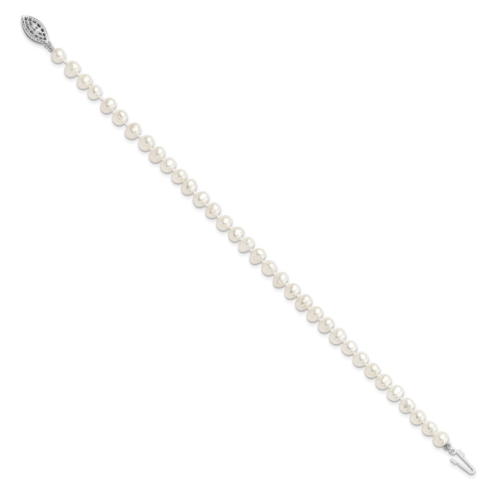 Sterling Silver Rhodium-plated 5-6mm White Near-Round Freshwater Cultured Pearl 7.25 inch Bracelet