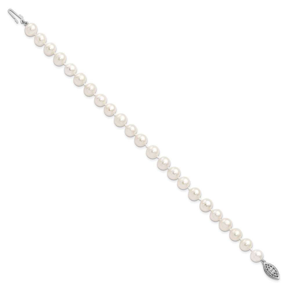 Sterling Silver Rhodium-plated 7-8mm White Near-Round Freshwater Cultured Pearl 7.25 inch Bracelet