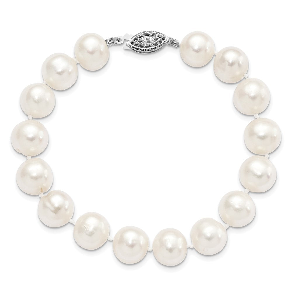 Sterling Silver Rhodium-plated 10-11mm White Near-Round Freshwater Cultured Pearl 7.25 inch Bracelet