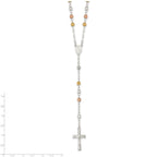 Sterling Silver Tri-color Polished Textured Bead Rosary 26 inch Necklace