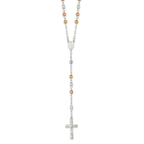 Sterling Silver Tri-color Polished Textured Bead Rosary 26 inch Necklace