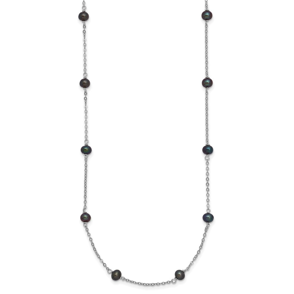 Sterling Silver Rhodium-plated 4-5mm Black Semi-Round Freshwater Cultured Pearl 8-Station Necklace