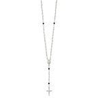 Sterling Silver Polished and Black Crystal Bead Rosary 23.5 inch Necklace