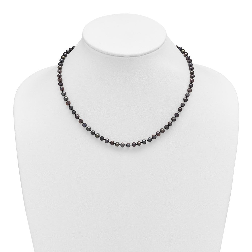 Sterling Silver Rhodium-plated 4-5mm Black Near-Round Freshwater Cultured Pearl Necklace