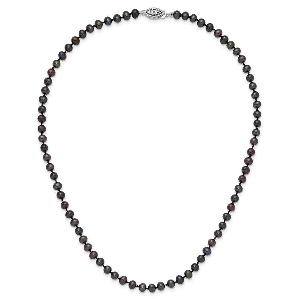Sterling Silver Rhodium-plated 4-5mm Black Near-Round Freshwater Cultured Pearl Necklace