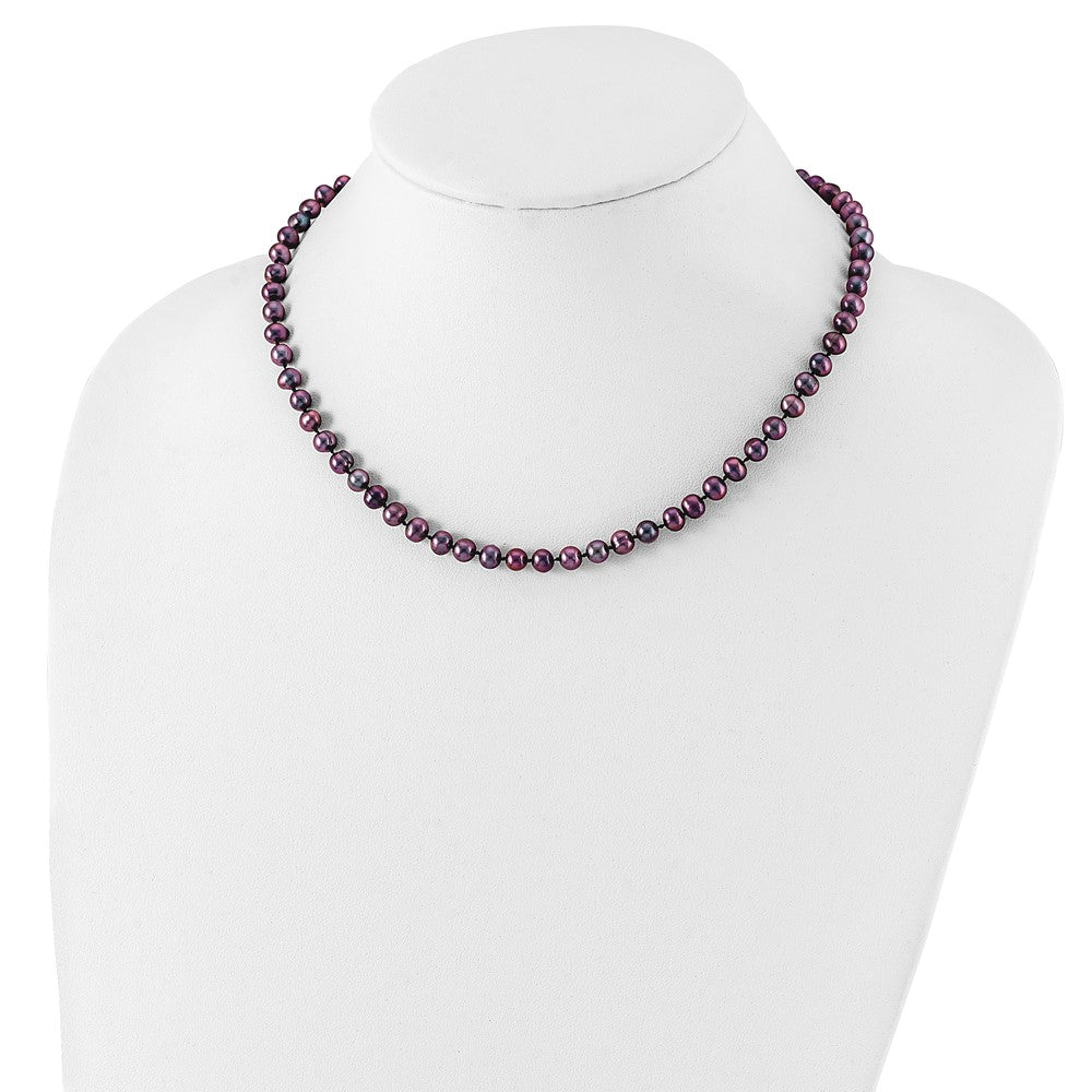 Sterling Silver Rhodium-plated 5-6mm Black Near-Round Freshwater Cultured Pearl Necklace