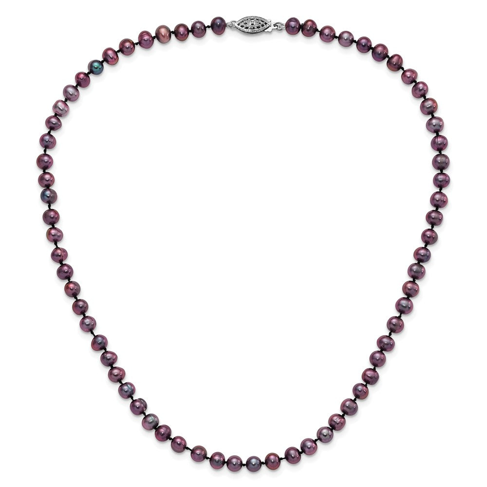 Sterling Silver Rhodium-plated 5-6mm Black Near-Round Freshwater Cultured Pearl Necklace