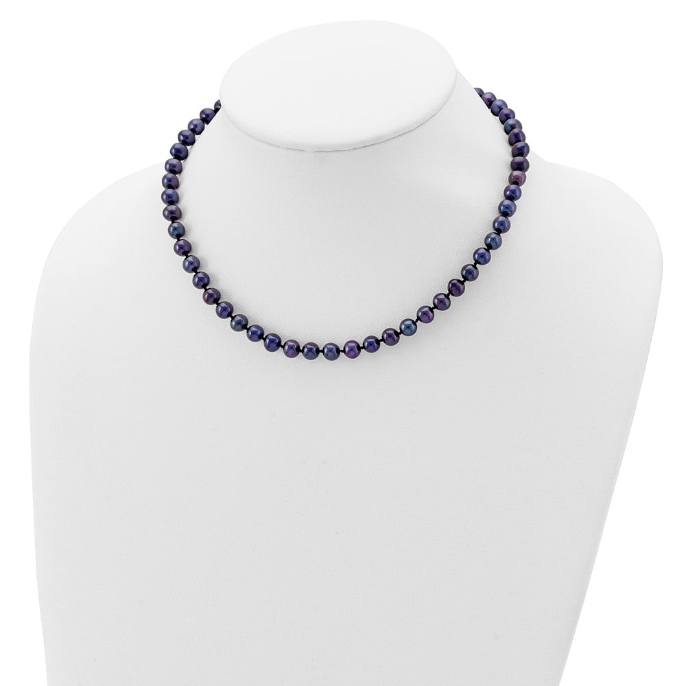 Sterling Silver Rhodium-plated 6-7mm Black Near-Round Freshwater Cultured Pearl Necklace