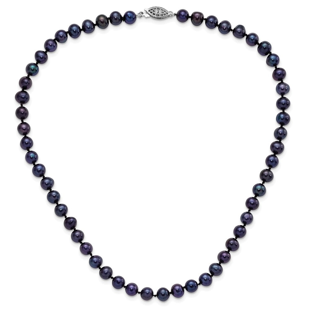 Sterling Silver Rhodium-plated 6-7mm Black Near-Round Freshwater Cultured Pearl Necklace