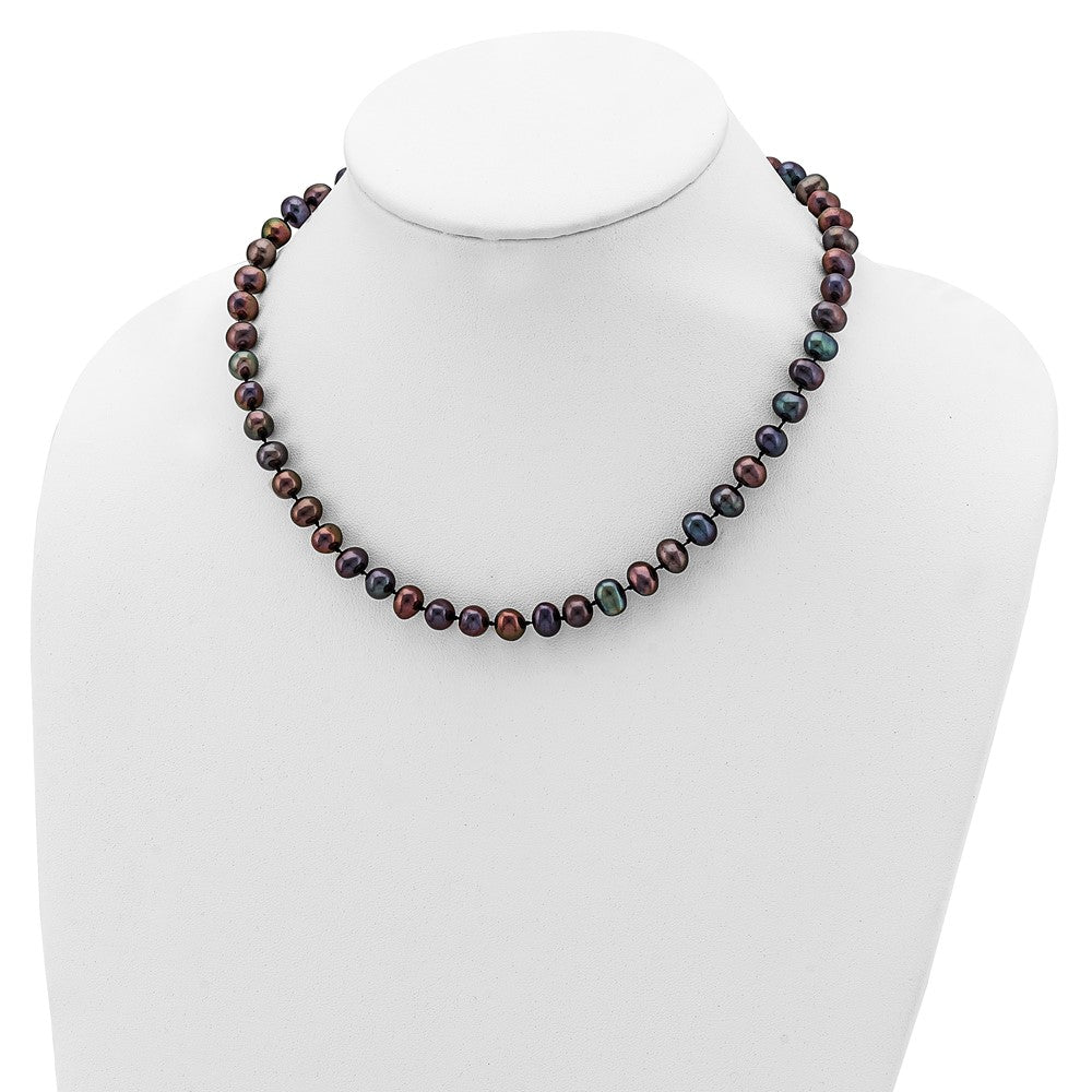 Sterling Silver Rhodium-plated 7-8mm Black Near-Round Freshwater Cultured Pearl Necklace