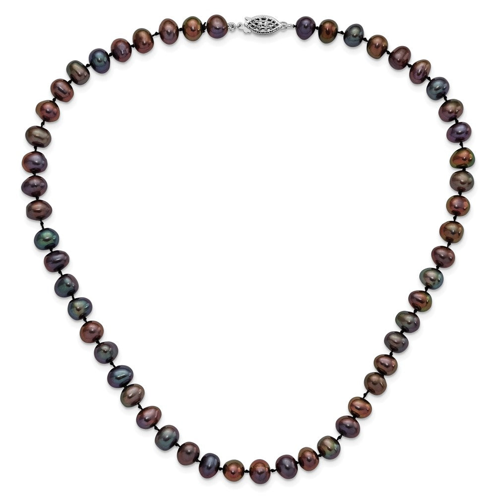 Sterling Silver Rhodium-plated 7-8mm Black Near-Round Freshwater Cultured Pearl Necklace