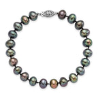 Sterling Silver Rhodium-plated 7-8mm Black Near-Round Freshwater Cultured Pearl 7.25 inch Bracelet