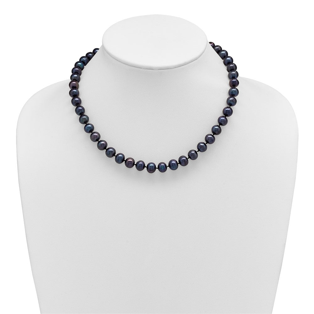 Sterling Silver Rhodium-plated 8-9mm Black Near-Round Freshwater Cultured Pearl Necklace