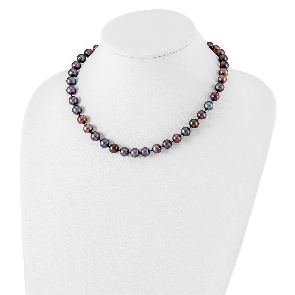Sterling Silver Rhodium-plated 9-10mm Black Near-Round Freshwater Cultured Pearl Necklace