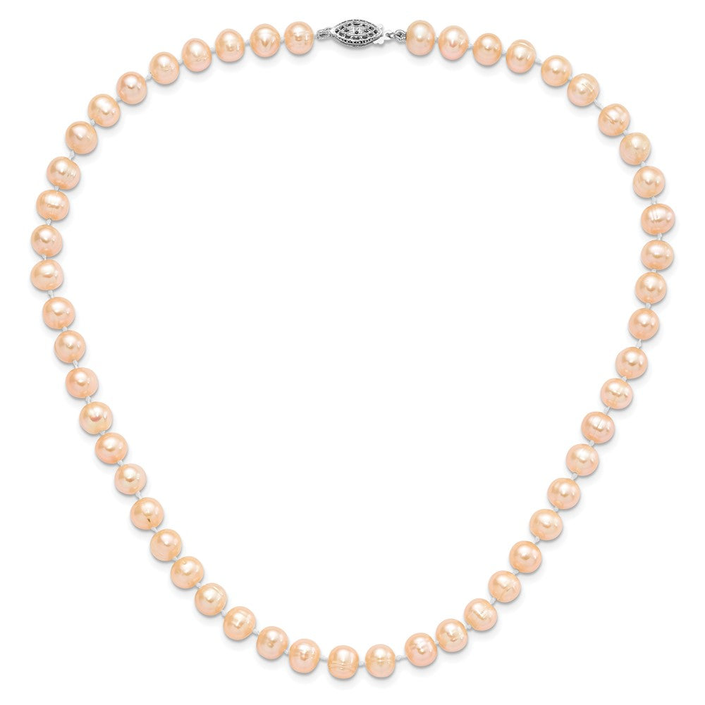 Sterling Silver Rhodium-plated 7-8mm Pink Near-Round Freshwater Cultured Pearl Necklace