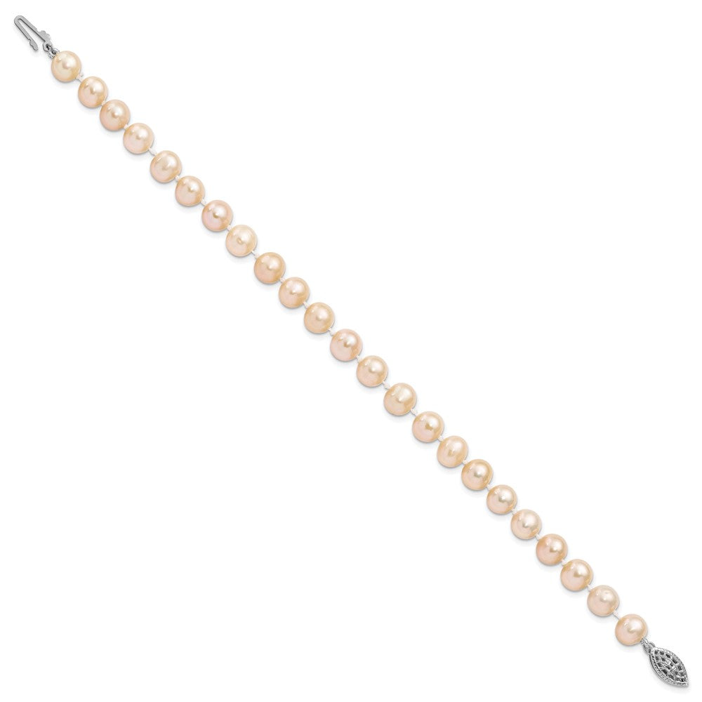 Sterling Silver Rhodium-plated 7-8mm Pink Near-Round Freshwater Cultured Pearl 7.25 inch Bracelet