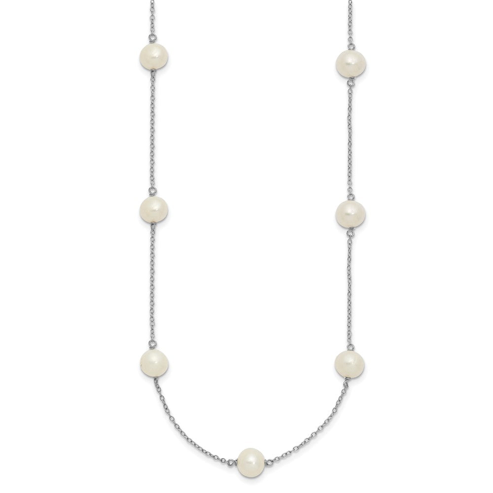 Sterling Silver Rhodium-plated 7-8mm White Near-Round Freshwater Cultured Pearl 9-Station Necklace