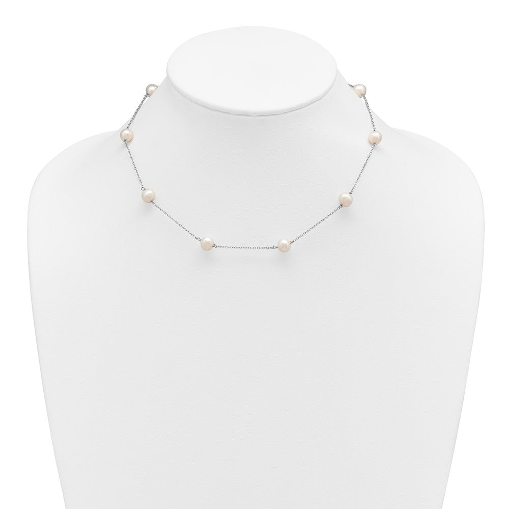 Sterling Silver Rhodium-plated 7-8mm White Near-Round Freshwater Cultured Pearl 9-Station Necklace