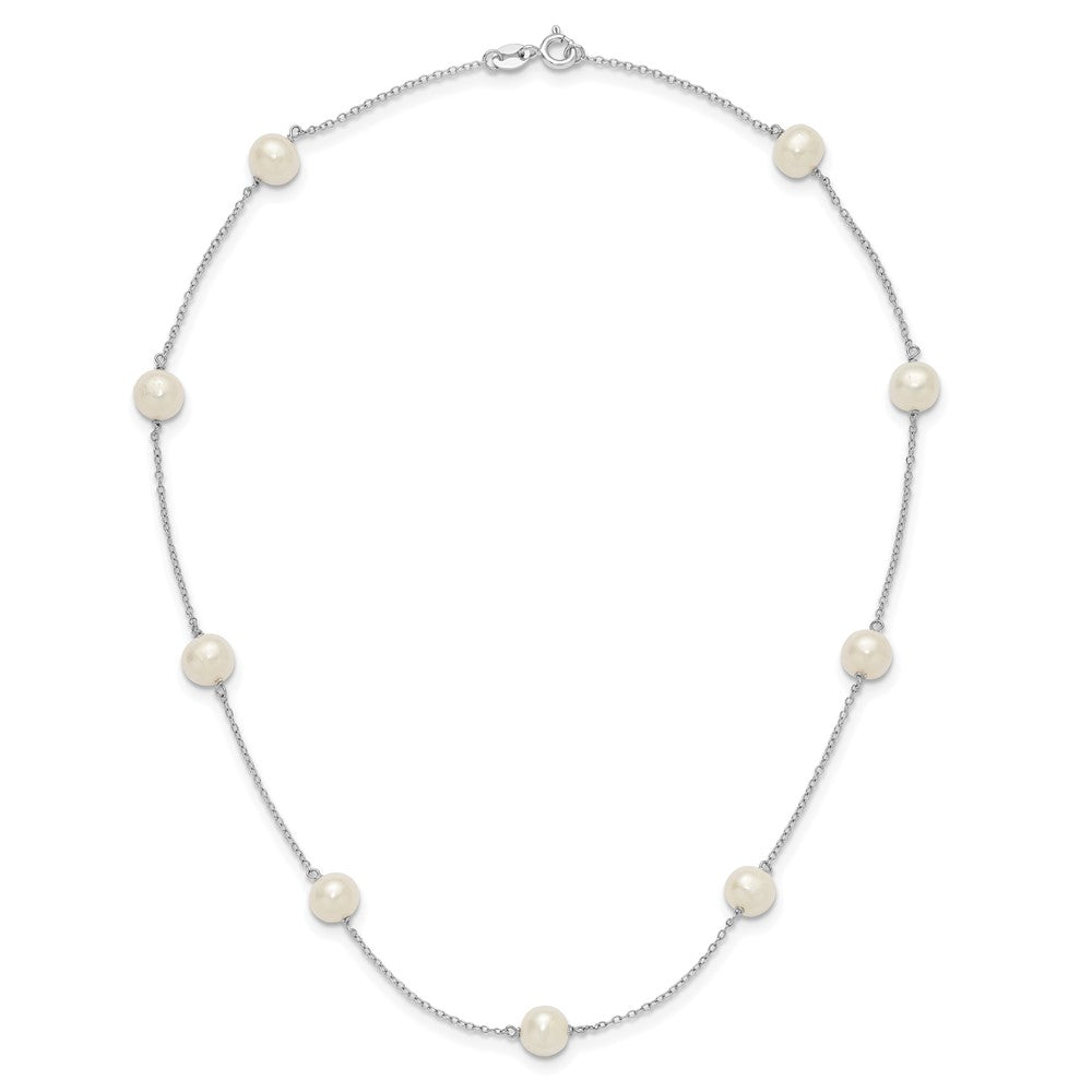 Sterling Silver Rhodium-plated 7-8mm White Near-Round Freshwater Cultured Pearl 9-Station Necklace