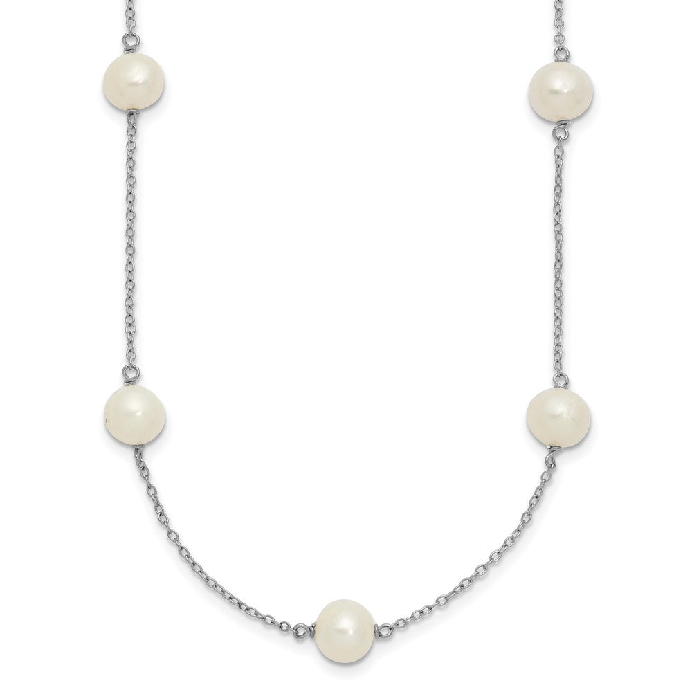 Sterling Silver Rhodium-plated 7-8mm White Near-Round Freshwater Cultured Pearl 9-Station Necklace