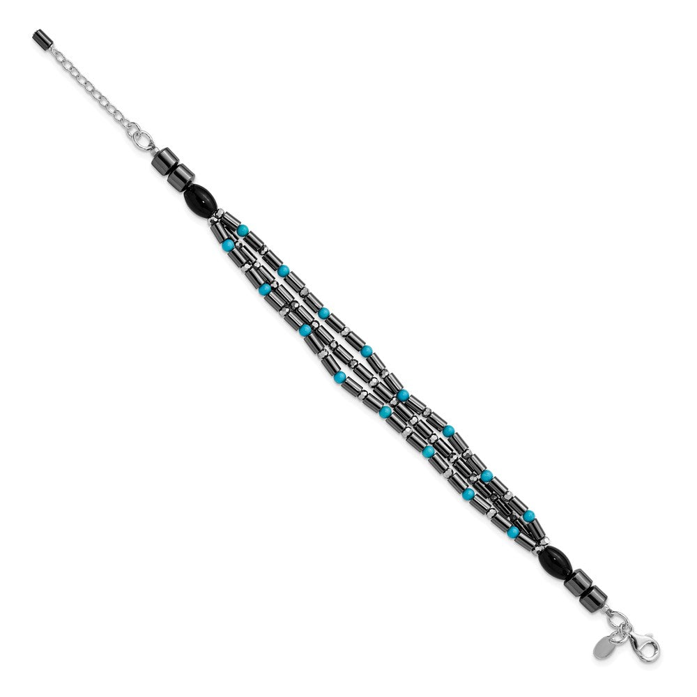 Sterling Silver Agate, Crystal, Hematite and Turquoise Multistrand w/1in ext Bracelet
