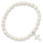 Sterling Silver Polished FWC Pearl & Cross Children's Stretch Bracelet
