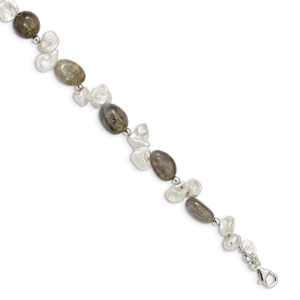Sterling Silver Labradorite & FWC Keshi Pearl w/1in Ext. Fancy Bracelet